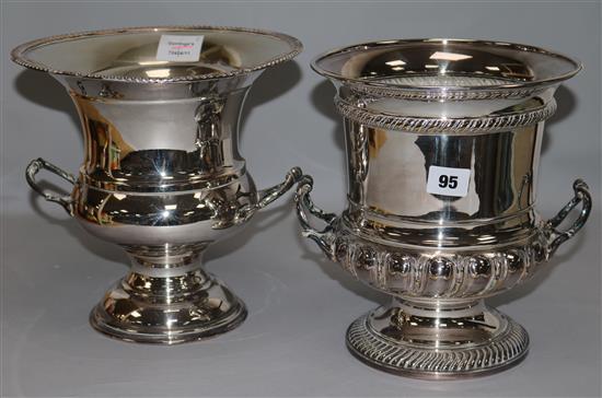 Two plated two handled wine coolers, H.9.5in.